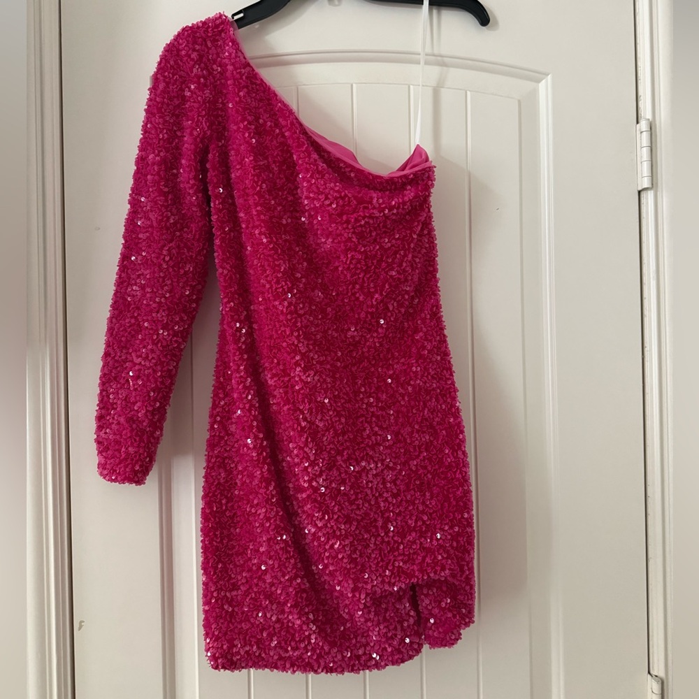 One Shoulder Sequined Homecoming Dress Hot Pink Long Sleeve